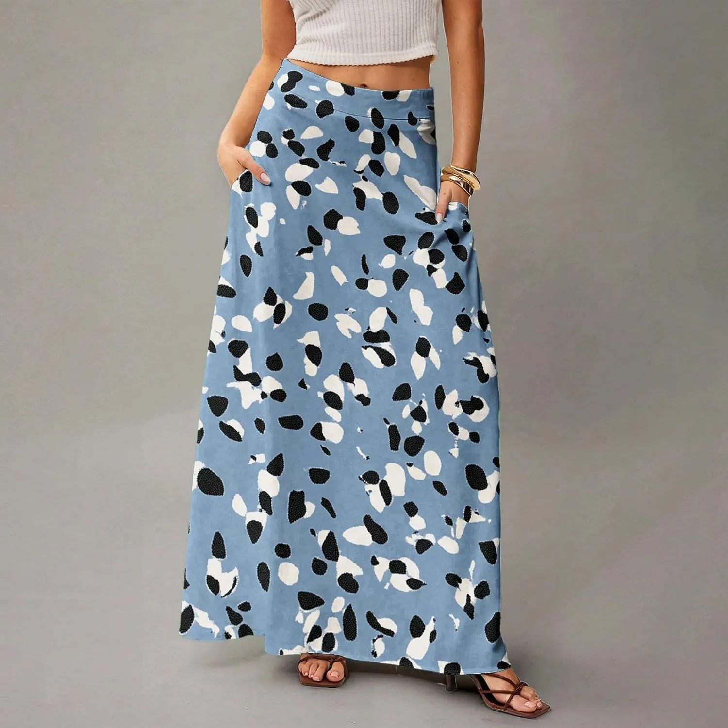 Women's Summer Skirt Trendy 2025 Floral A-Line Elastic High Waisted Skirts with Pockets Cute Elegant Boho Skirt