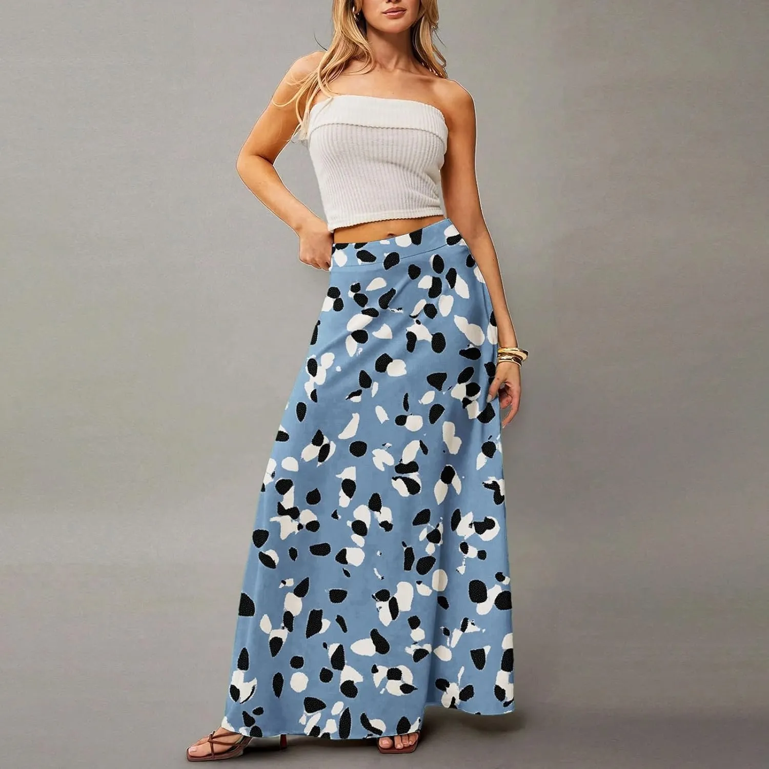 Women's Summer Skirt Trendy 2025 Floral A-Line Elastic High Waisted Skirts with Pockets Cute Elegant Boho Skirt