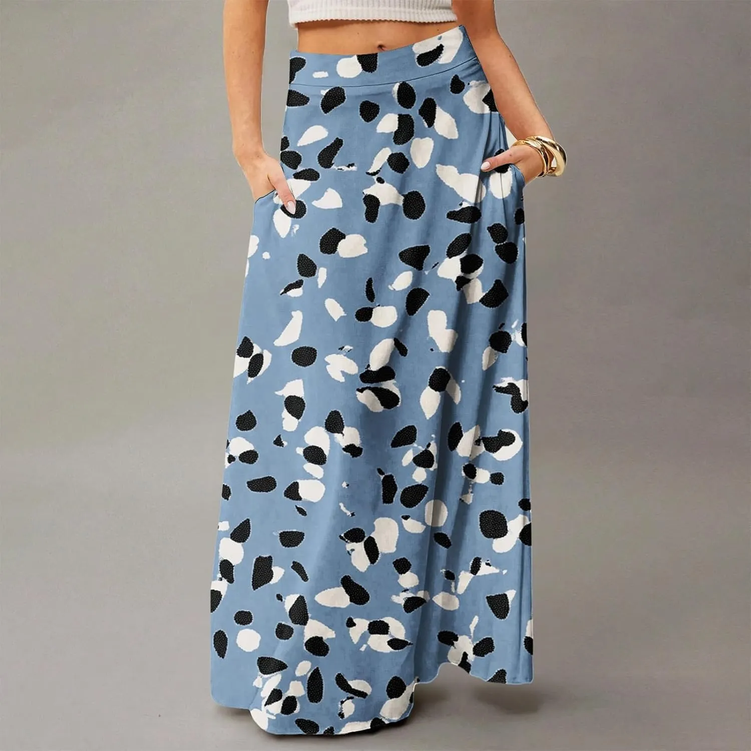 Women's Summer Skirt Trendy 2025 Floral A-Line Elastic High Waisted Skirts with Pockets Cute Elegant Boho Skirt