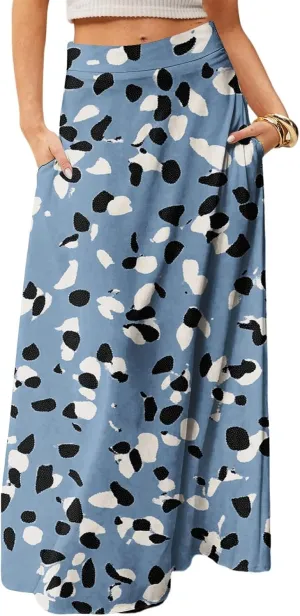 Women's Summer Skirt Trendy 2025 Floral A-Line Elastic High Waisted Skirts with Pockets Cute Elegant Boho Skirt