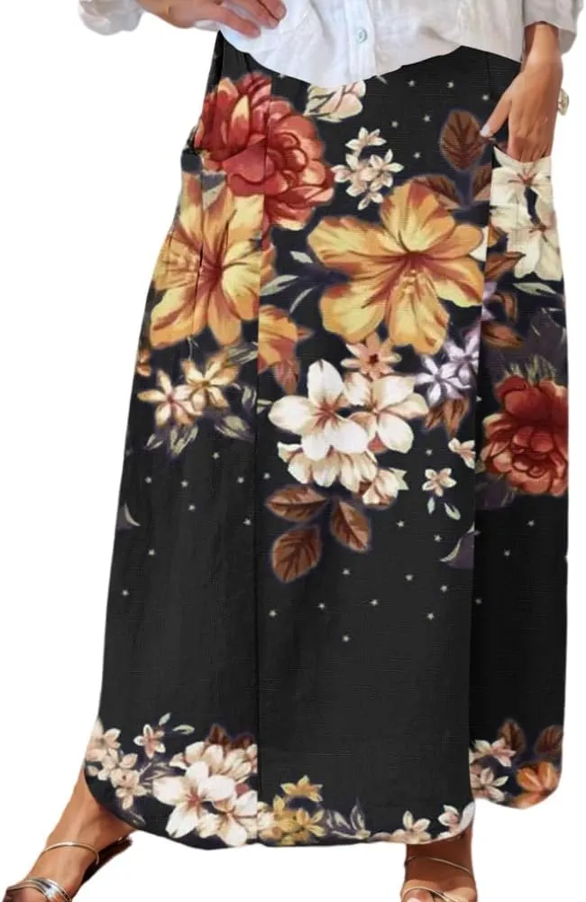 Womens Summer Vintage Boho Floral Print Maxi Skirt with 2 Pocket Fall Casual Loose Elastic Waist Vacation Long Skirts
