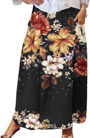 Womens Summer Vintage Boho Floral Print Maxi Skirt with 2 Pocket Fall Casual Loose Elastic Waist Vacation Long Skirts