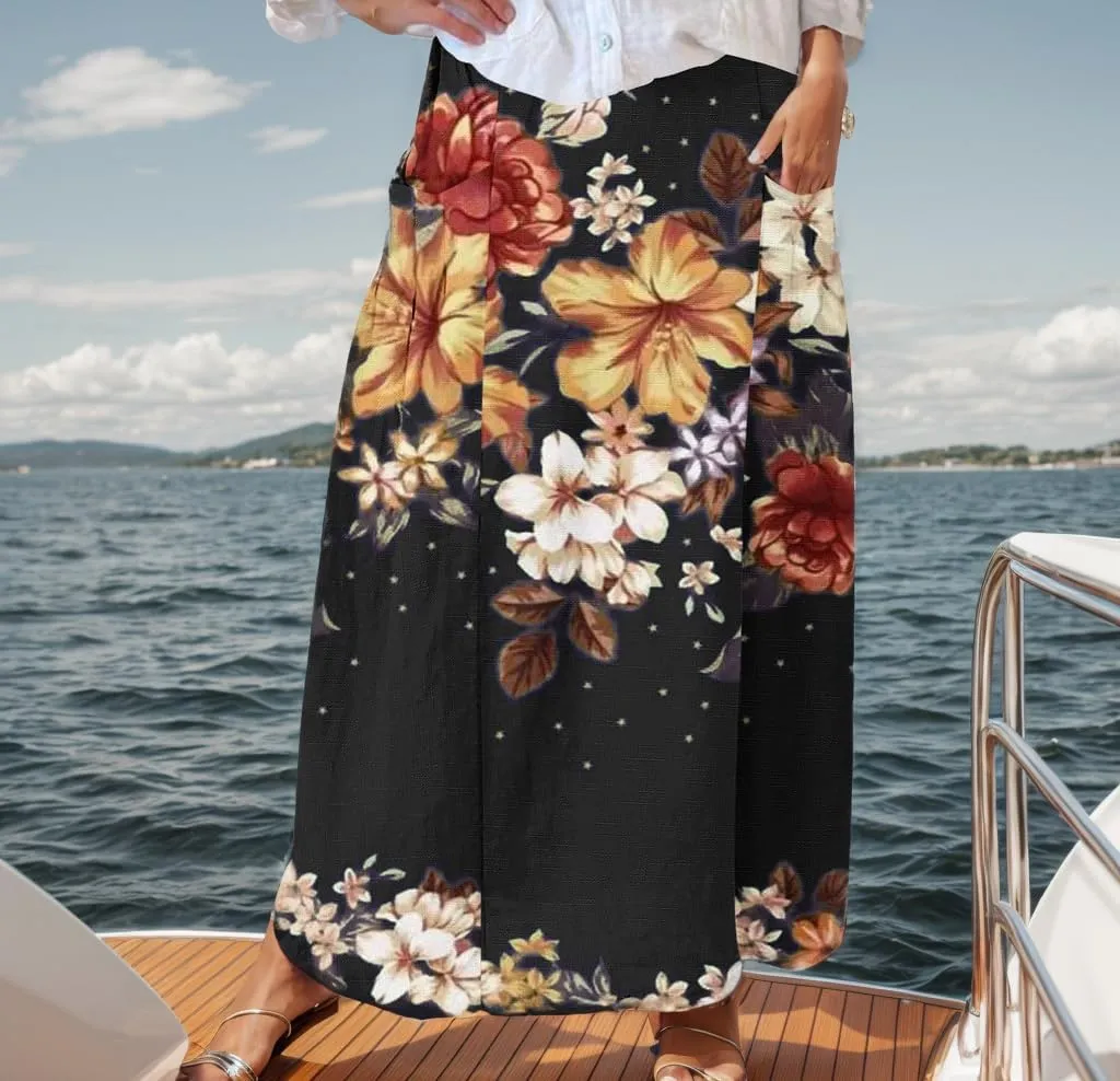 Womens Summer Vintage Boho Floral Print Maxi Skirt with 2 Pocket Fall Casual Loose Elastic Waist Vacation Long Skirts