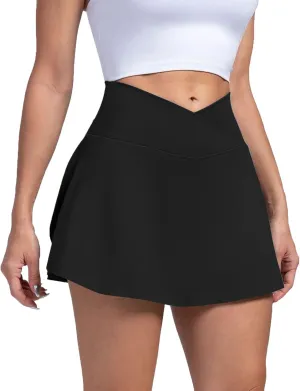 Womens Tennis Skirts with Shorts Cross Elastic High Waisted Tummy Control Golf Skort Gym Workout Skirts with Pocket