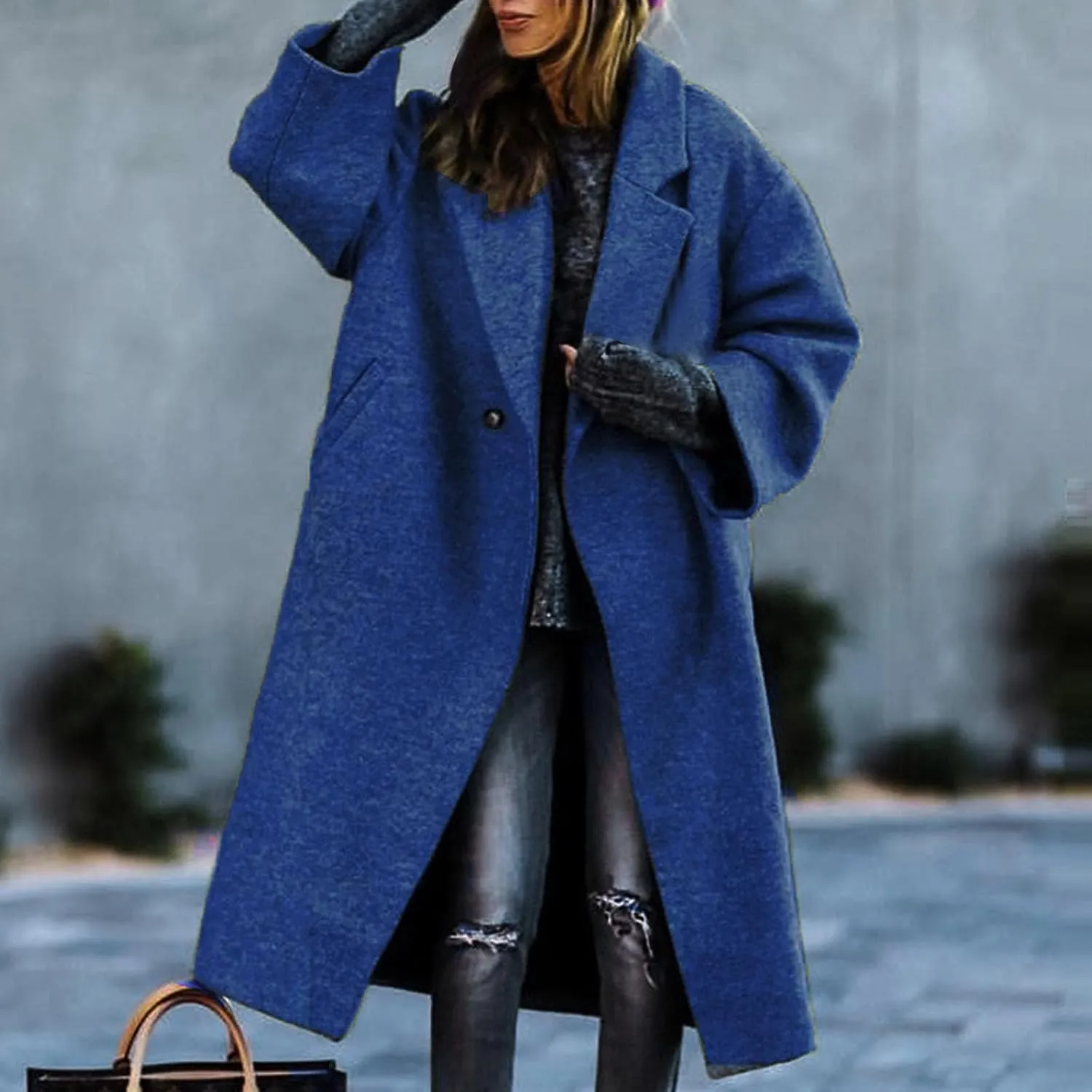 Women's Trendy Fall Winter Trench Coats Plain Woolen Coats Windbreaker Cardigan Button Pocket Long Overcoat