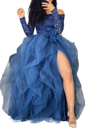 Women's Tulle Maxi Skirt Floor Length Layered High Waist Puff Mesh Tutu Skirt Split Wedding Evening Party Skirt