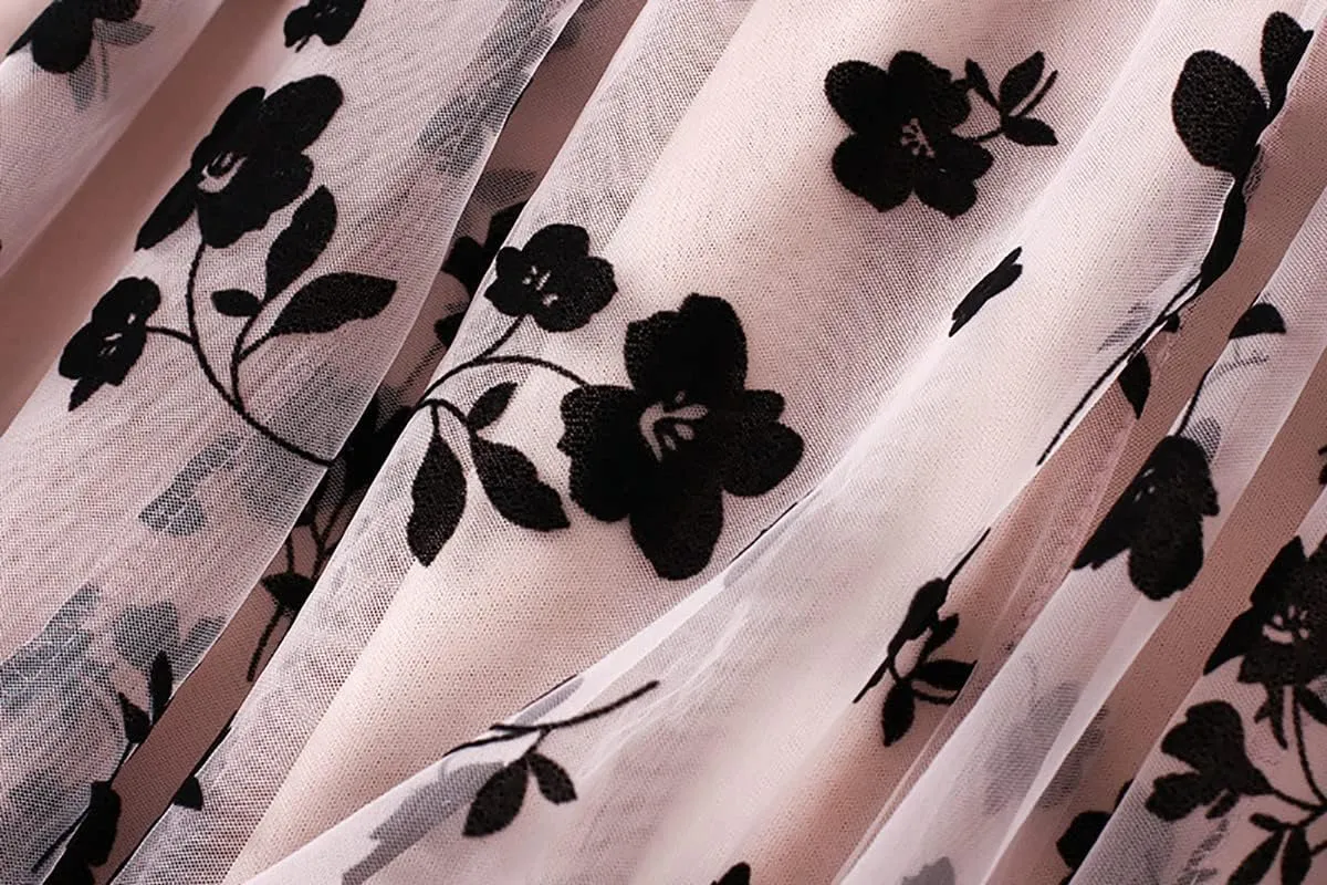 Womens Tulle Pleated Skirts Floral Print Layered Mesh A-Line Fairy Midi Skirt SK15
