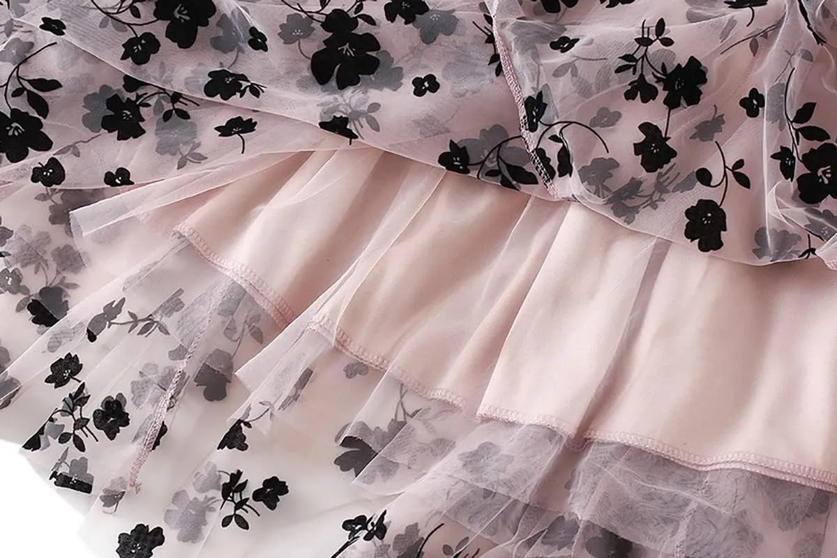 Womens Tulle Pleated Skirts Floral Print Layered Mesh A-Line Fairy Midi Skirt SK15