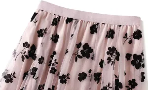 Womens Tulle Pleated Skirts Floral Print Layered Mesh A-Line Fairy Midi Skirt SK15
