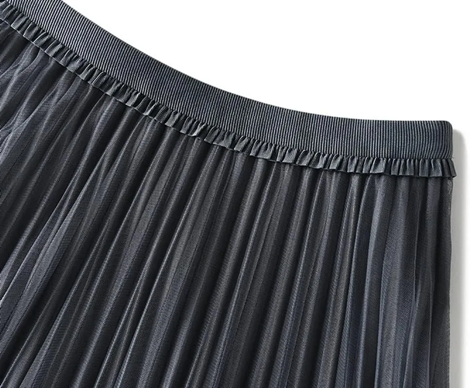 Womens Velvet Pleated Midi Skirt Elastic Waist Reversible Beaded Tulle A-Line Long Skirts SK11