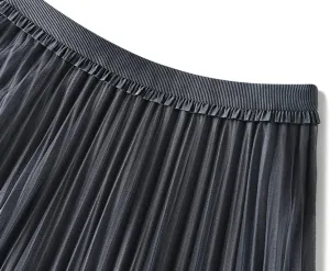 Womens Velvet Pleated Midi Skirt Elastic Waist Reversible Beaded Tulle A-Line Long Skirts SK11