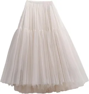 Women's Vintage Pleated Tulle Skirt Summer High Waist Mesh A-Line Skirts