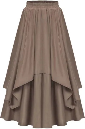 Women's Vintage Renaissance Skirts High Waisted Flared Layered A-Line Pirate Skirts Gothic Midi Skirt with Pockets