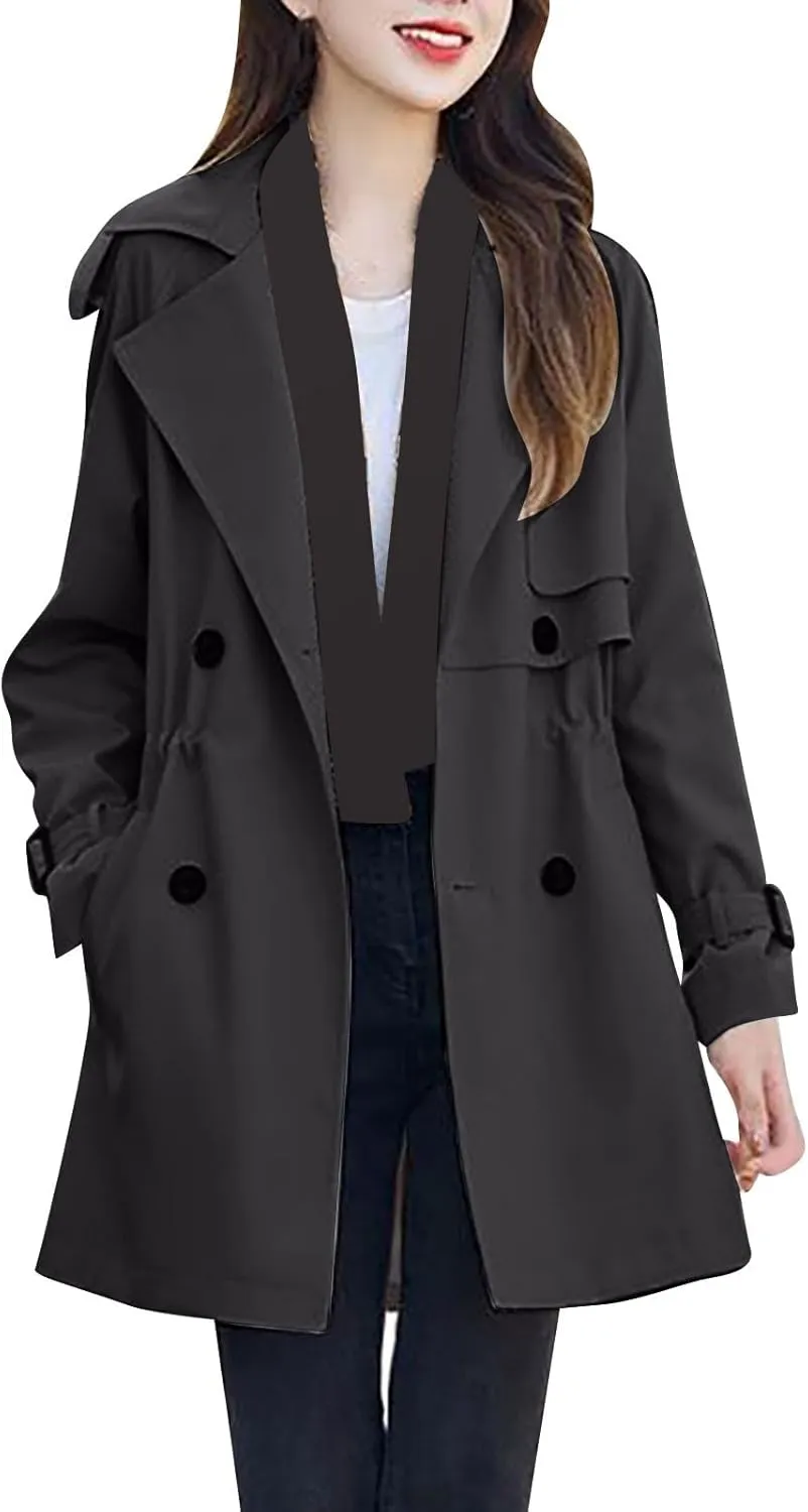Women's Waterproof Trench Coat Mid-Long Double Breasted Windbreaker Jackets Lightweight Casual Classic Lapel Overcoat