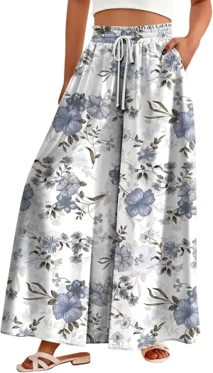 Womens Wide Leg Boho Pants Floral Solid Flowy Pants Lounge Beach with Pocket Resort Wear for Women 2025 Trendy