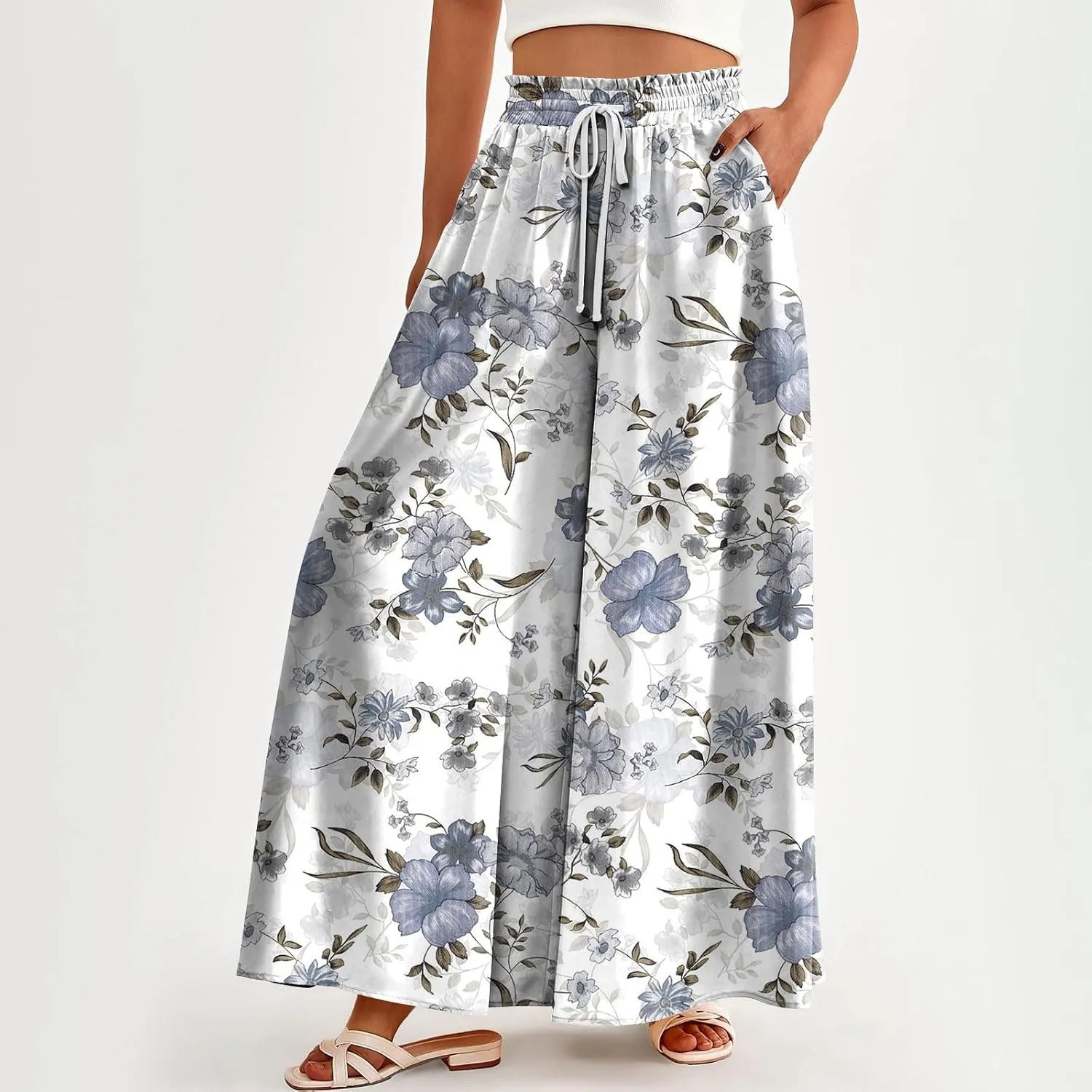 Womens Wide Leg Boho Pants Floral Solid Flowy Pants Lounge Beach with Pocket Resort Wear for Women 2025 Trendy