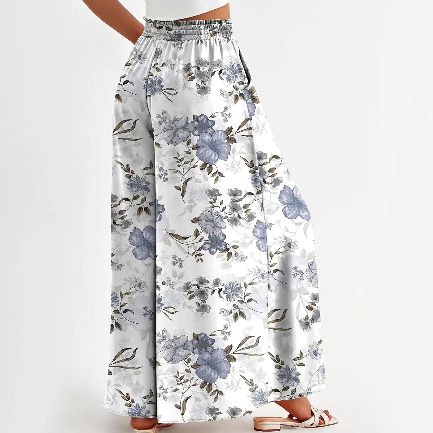 Womens Wide Leg Boho Pants Floral Solid Flowy Pants Lounge Beach with Pocket Resort Wear for Women 2025 Trendy
