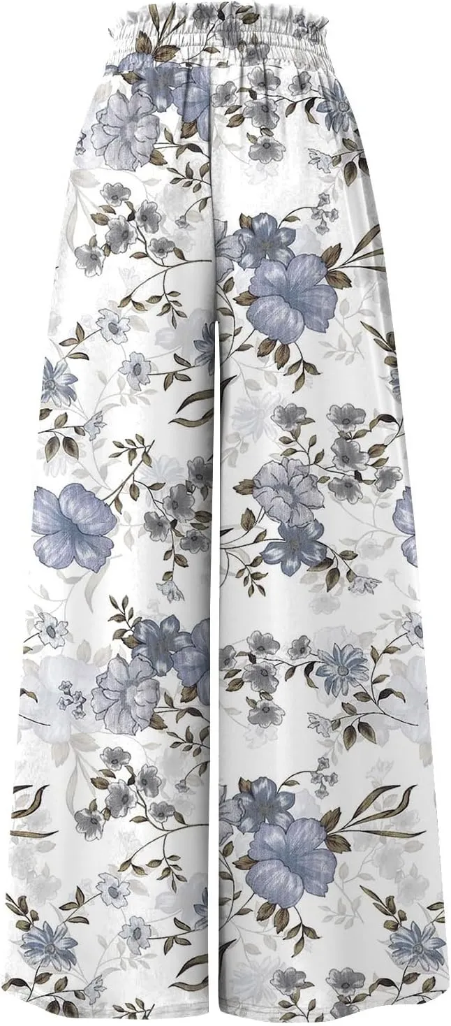 Womens Wide Leg Boho Pants Floral Solid Flowy Pants Lounge Beach with Pocket Resort Wear for Women 2025 Trendy