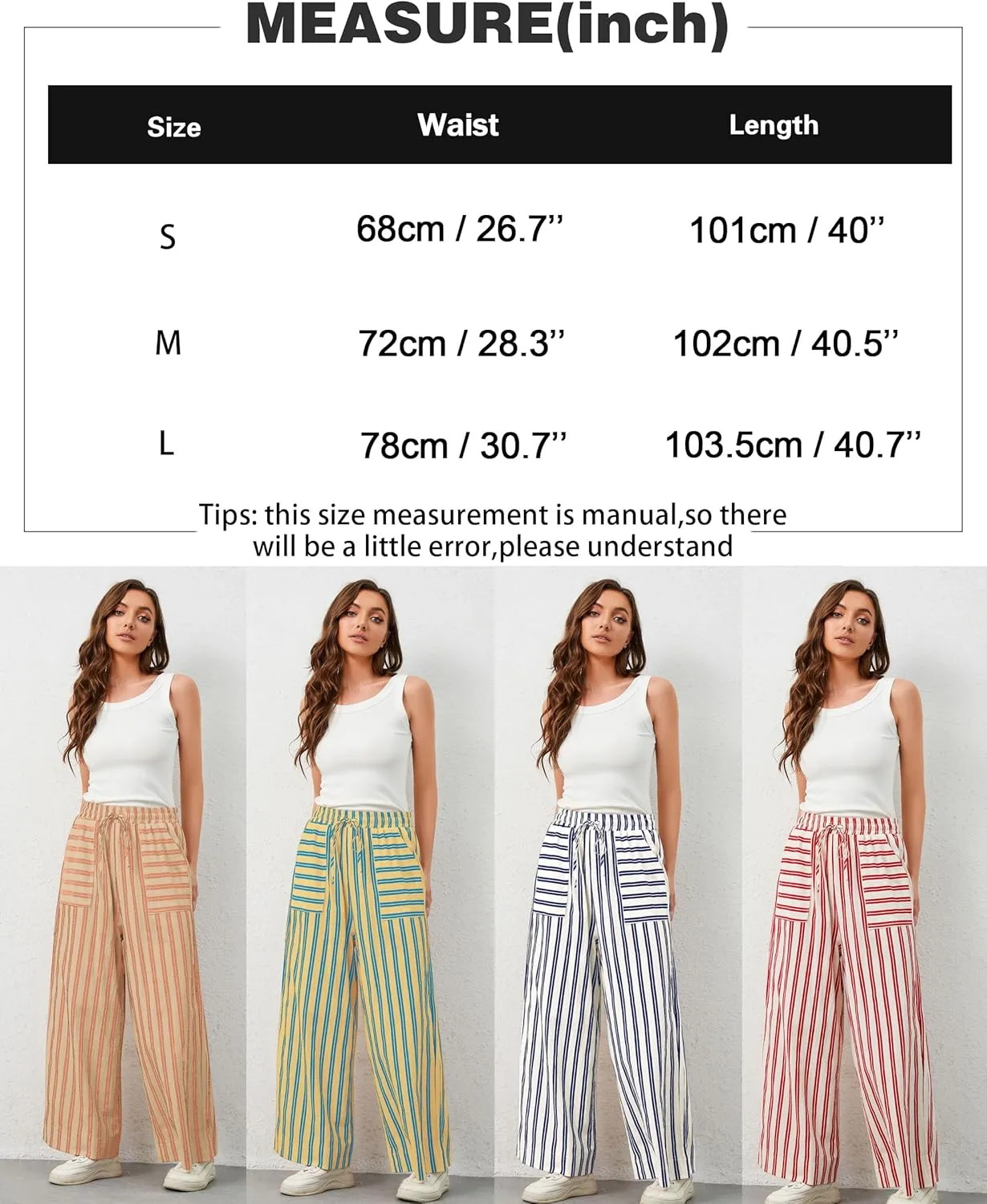 Womens Wide Leg Striped Pants Loose Fit Drawstring Comfy High Waist Striped Lounge Pants with Pockets