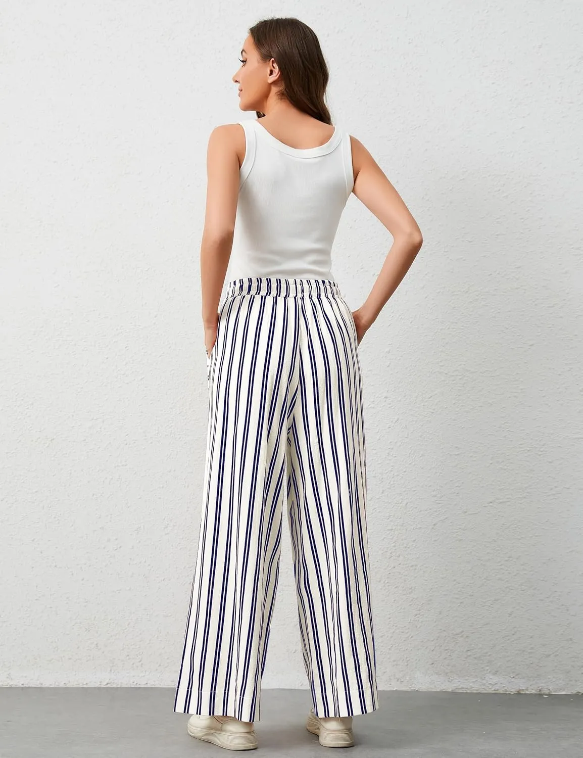Womens Wide Leg Striped Pants Loose Fit Drawstring Comfy High Waist Striped Lounge Pants with Pockets
