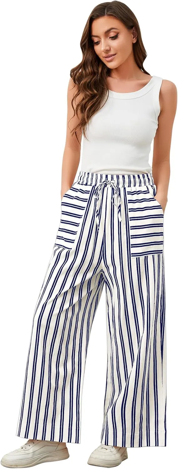 Womens Wide Leg Striped Pants Loose Fit Drawstring Comfy High Waist Striped Lounge Pants with Pockets