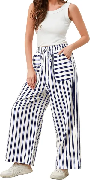 Womens Wide Leg Striped Pants Loose Fit Drawstring Comfy High Waist Striped Lounge Pants with Pockets