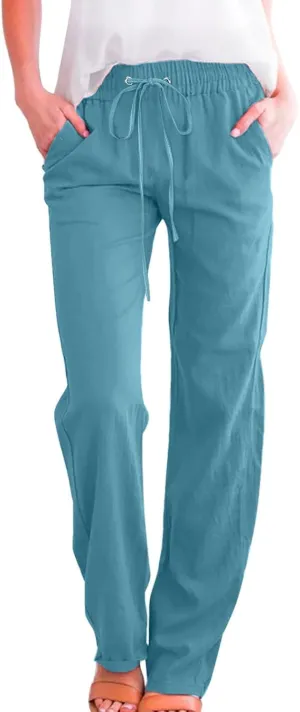 Women's Wide Leg Trousers Drawstring Causal Solid Color Long Pants Summer Comfy Classic Basic Lounge Pants with Pockets