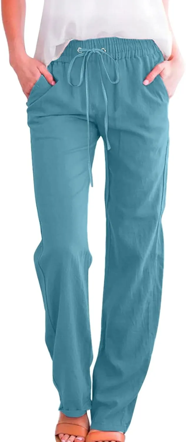 Women's Wide Leg Trousers Drawstring Causal Solid Color Long Pants Summer Comfy Classic Basic Lounge Pants with Pockets