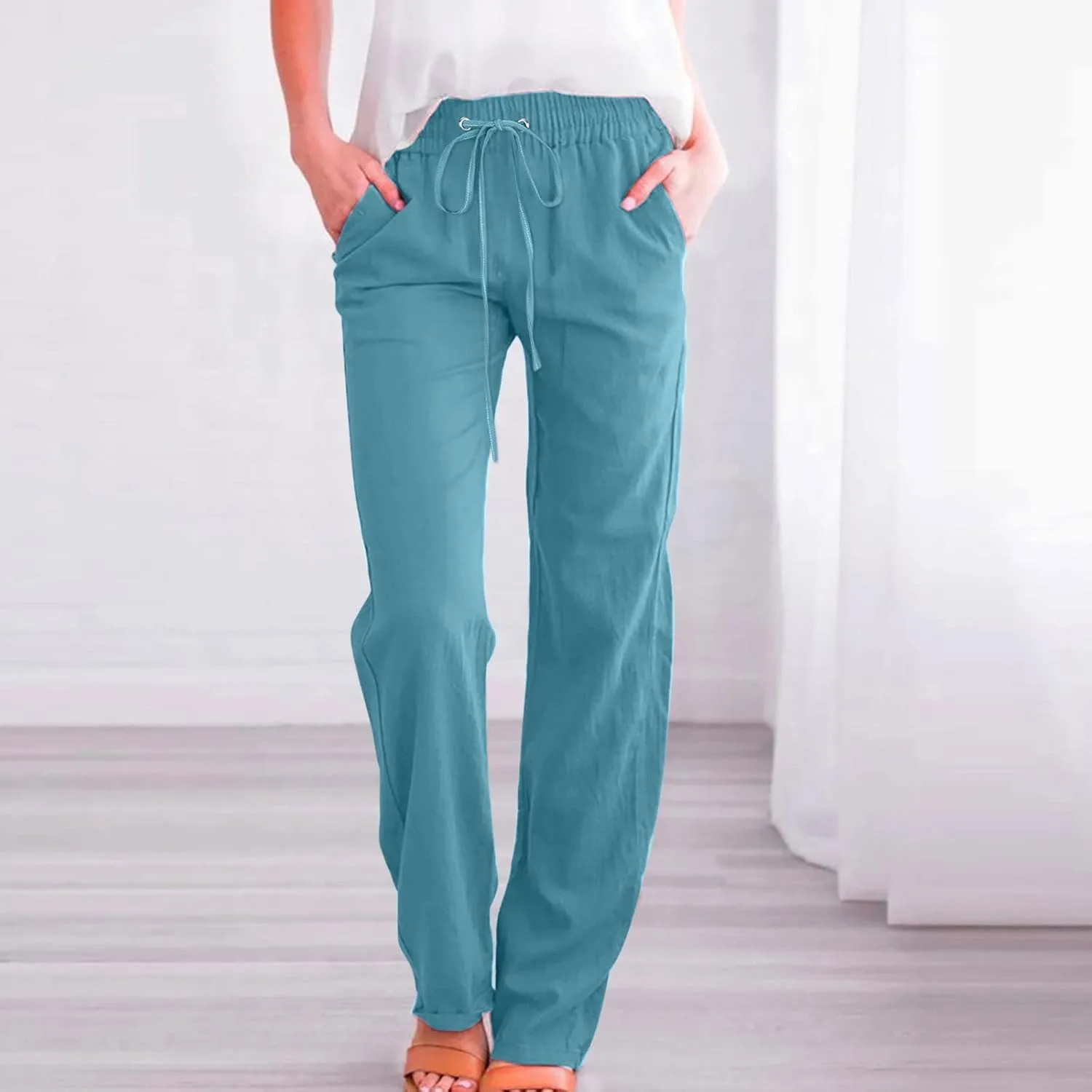 Women's Wide Leg Trousers Drawstring Causal Solid Color Long Pants Summer Comfy Classic Basic Lounge Pants with Pockets