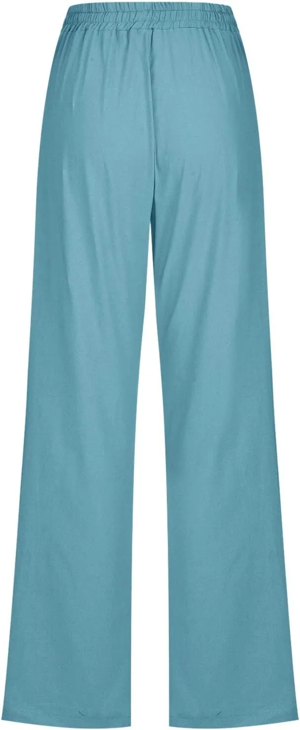 Women's Wide Leg Trousers Drawstring Causal Solid Color Long Pants Summer Comfy Classic Basic Lounge Pants with Pockets