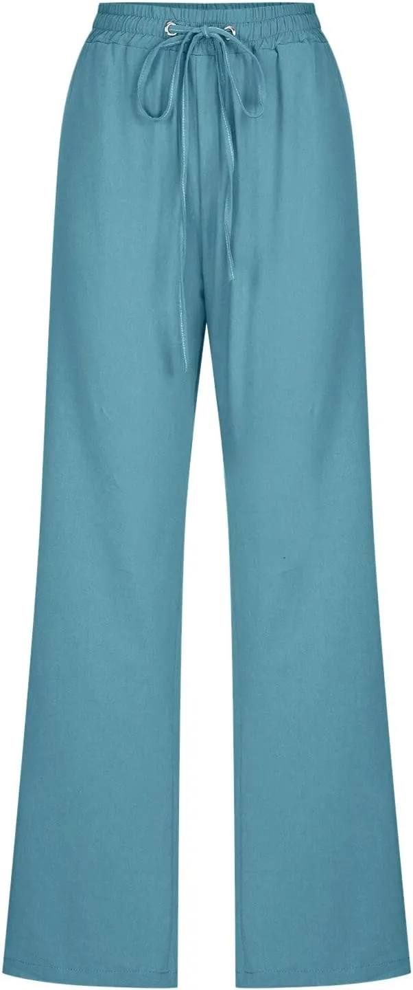 Women's Wide Leg Trousers Drawstring Causal Solid Color Long Pants Summer Comfy Classic Basic Lounge Pants with Pockets