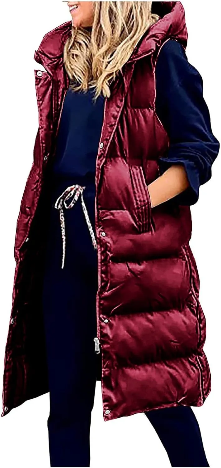 Women's Winter Hooded Puffer Vest Side Zip Casual Sleeveless Long Coats Jacket Warm Quilted Cotton Padded Gilet Outwear