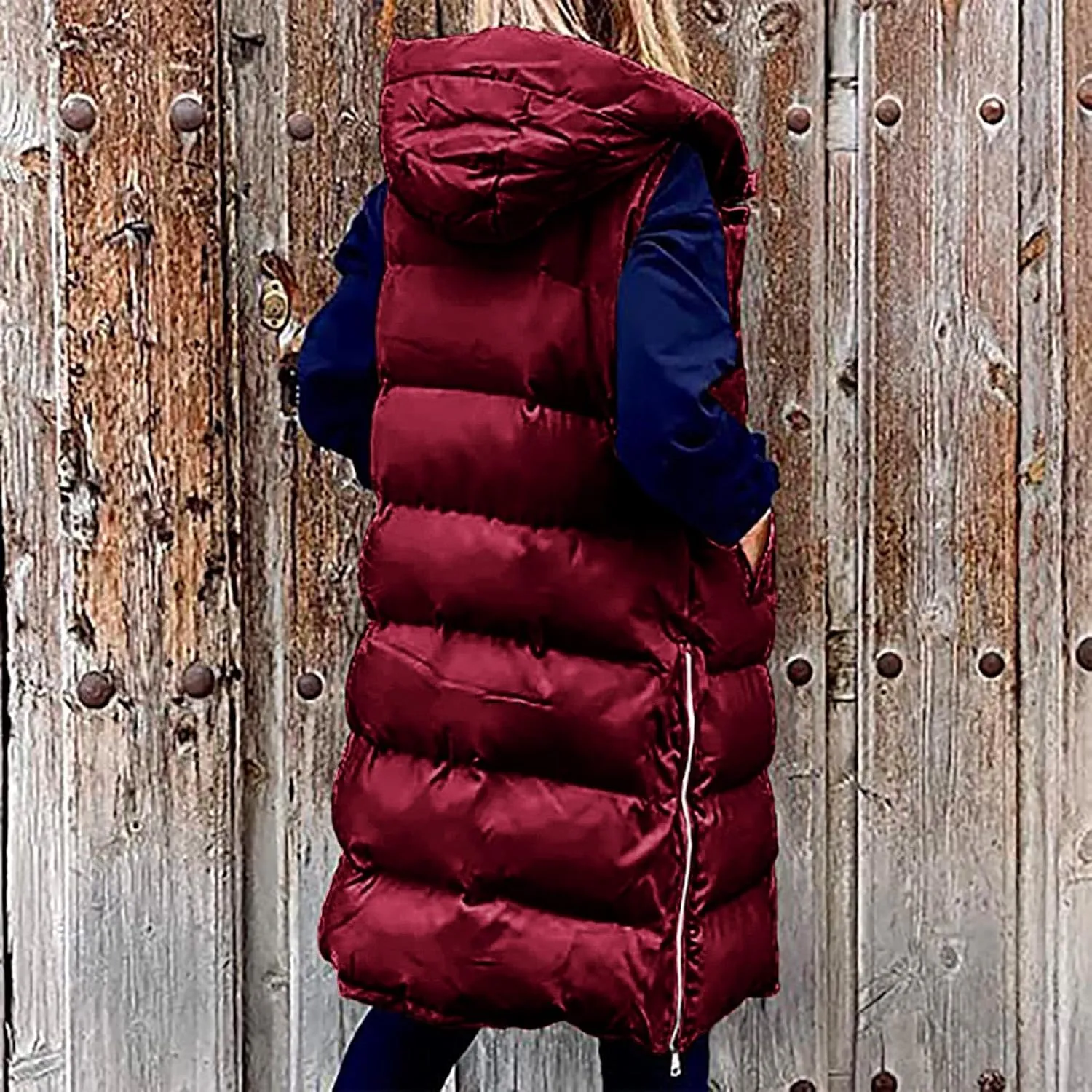 Women's Winter Hooded Puffer Vest Side Zip Casual Sleeveless Long Coats Jacket Warm Quilted Cotton Padded Gilet Outwear