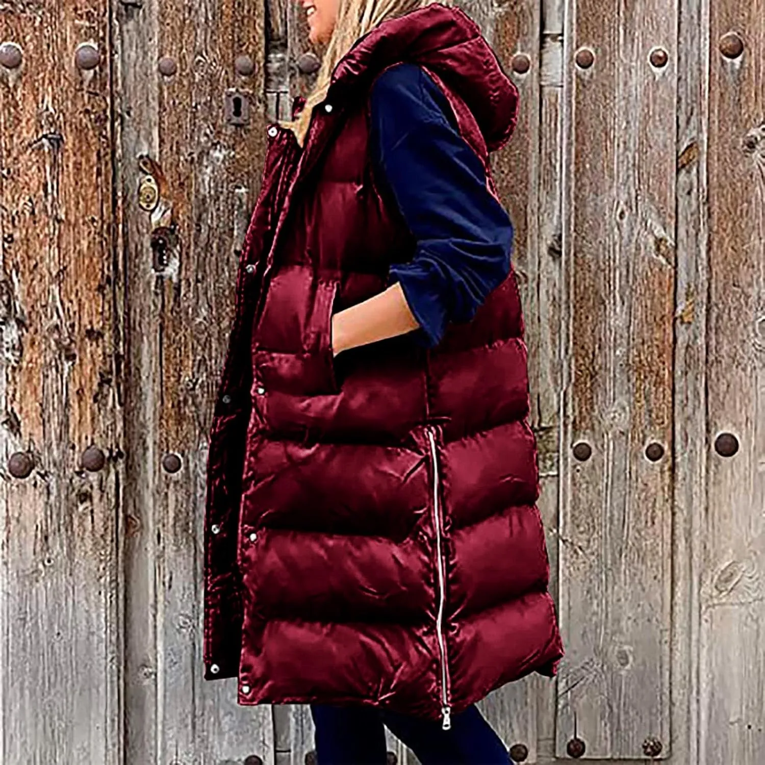 Women's Winter Hooded Puffer Vest Side Zip Casual Sleeveless Long Coats Jacket Warm Quilted Cotton Padded Gilet Outwear