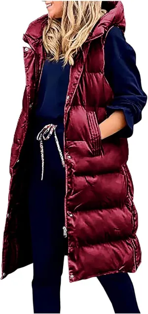 Women's Winter Hooded Puffer Vest Side Zip Casual Sleeveless Long Coats Jacket Warm Quilted Cotton Padded Gilet Outwear
