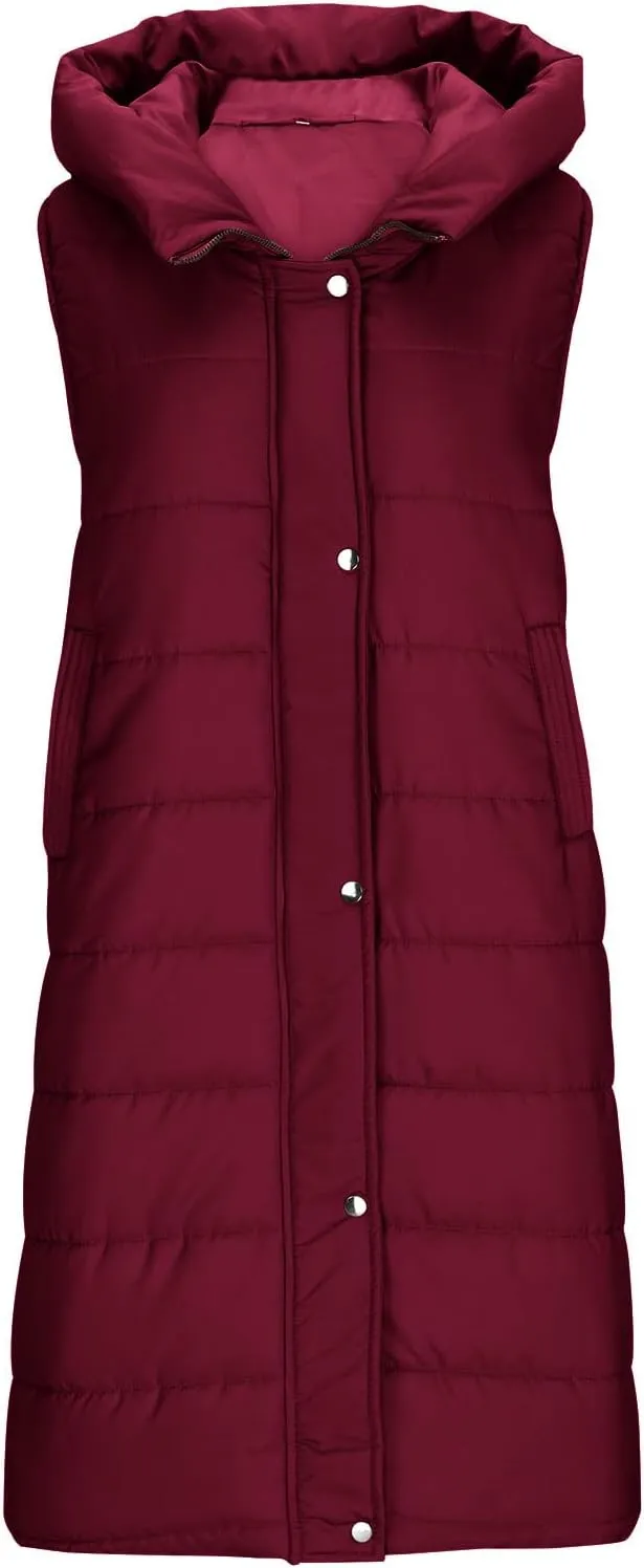 Women's Winter Hooded Puffer Vest Side Zip Casual Sleeveless Long Coats Jacket Warm Quilted Cotton Padded Gilet Outwear
