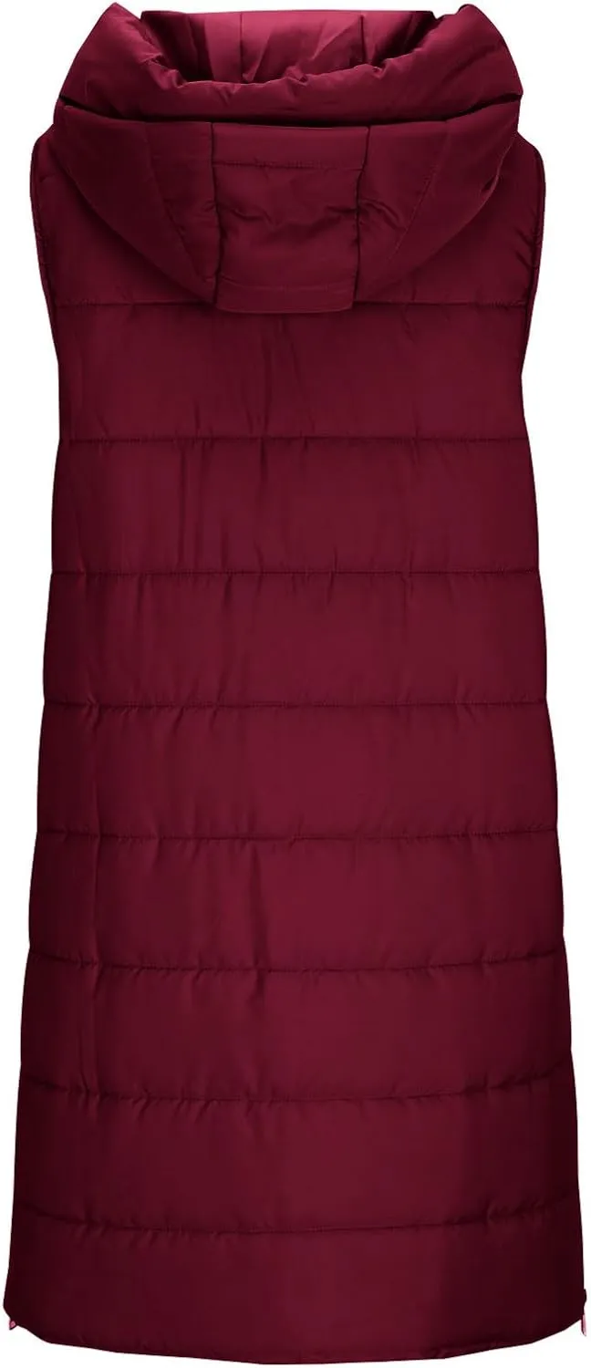 Women's Winter Hooded Puffer Vest Side Zip Casual Sleeveless Long Coats Jacket Warm Quilted Cotton Padded Gilet Outwear