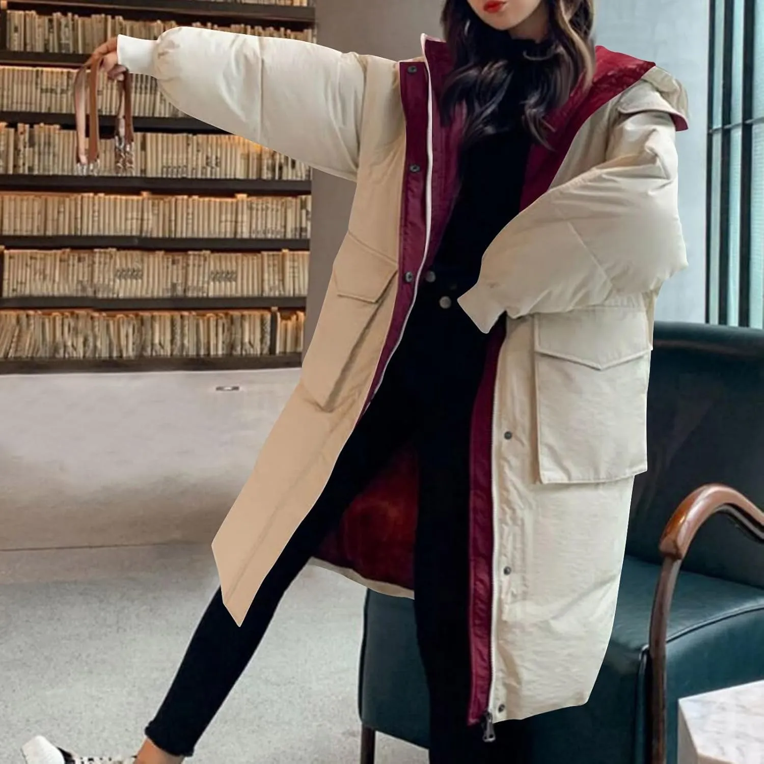 Women's Winter Overcoat Tops Long Jacket with Hood Trench Coat Solid Outwear Long Sleeve Coats with Pockets