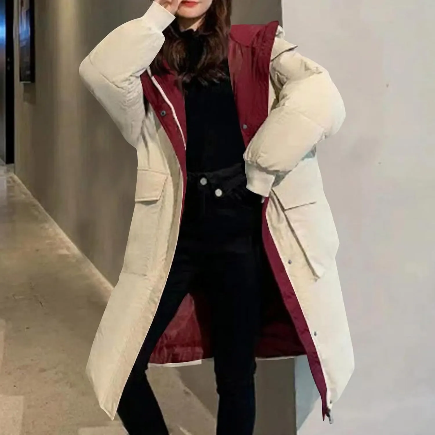 Women's Winter Overcoat Tops Long Jacket with Hood Trench Coat Solid Outwear Long Sleeve Coats with Pockets