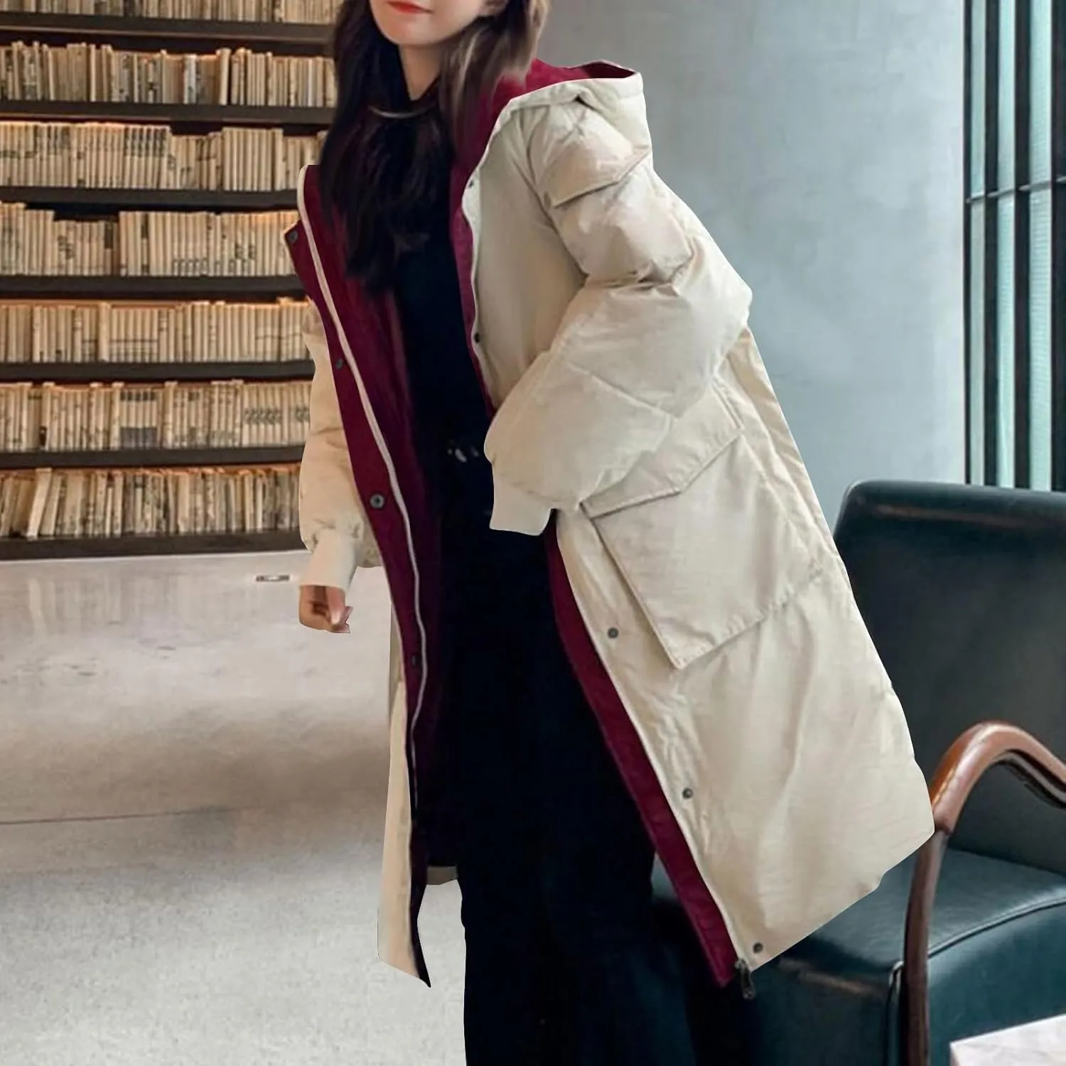 Women's Winter Overcoat Tops Long Jacket with Hood Trench Coat Solid Outwear Long Sleeve Coats with Pockets
