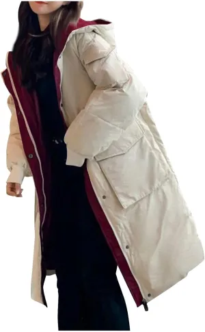 Women's Winter Overcoat Tops Long Jacket with Hood Trench Coat Solid Outwear Long Sleeve Coats with Pockets