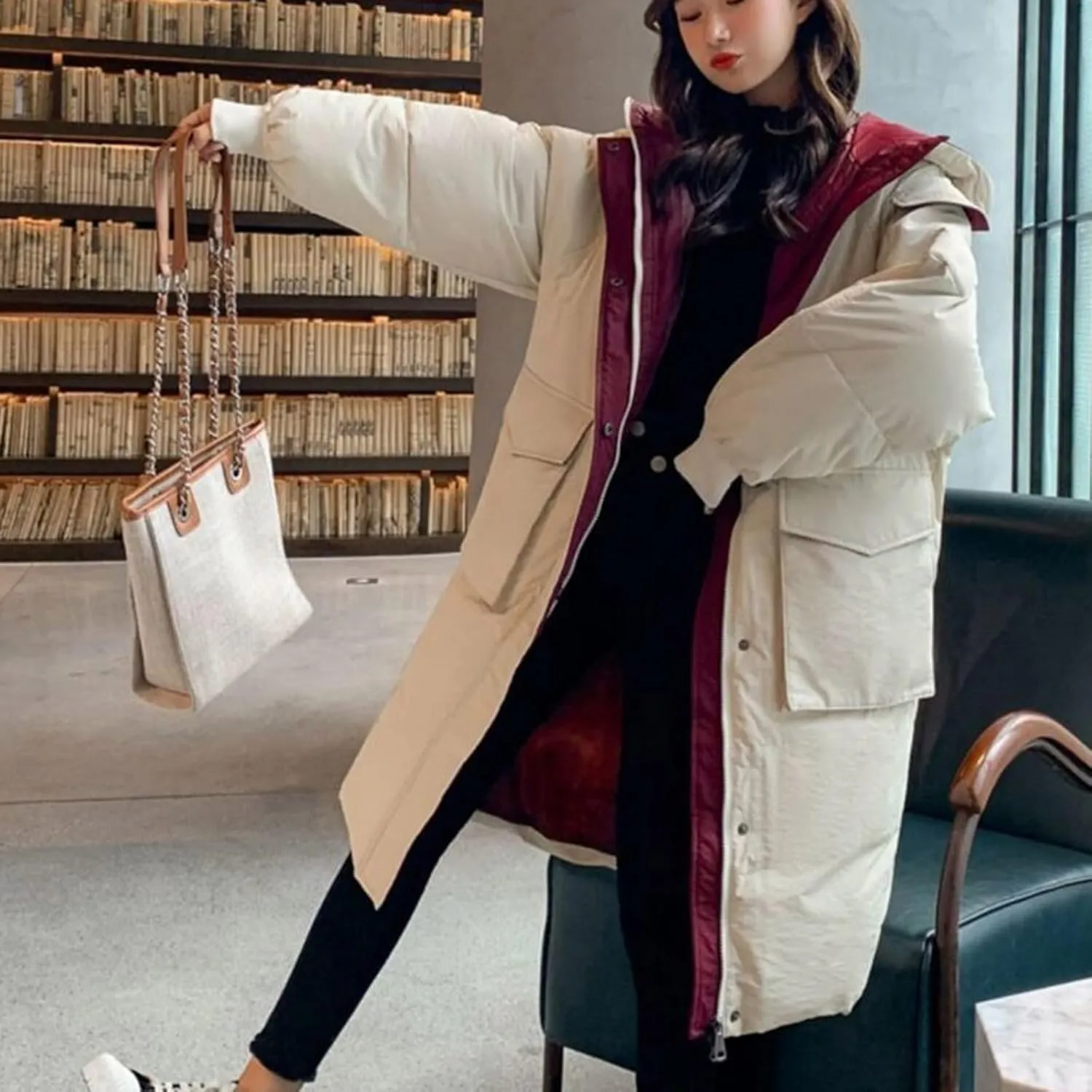 Women's Winter Overcoat Tops Long Jacket with Hood Trench Coat Solid Outwear Long Sleeve Coats with Pockets