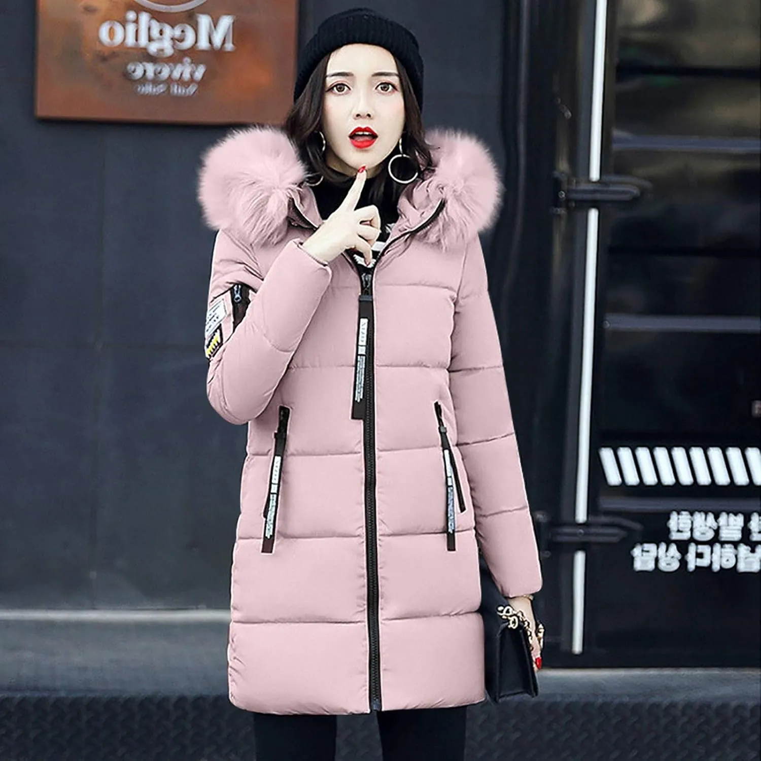 Womens Winter Thick Puffer Jacket Furry Collar Hoodie Outerwear Zipper Pocket Long Coats Warm Cotton Down Jackets