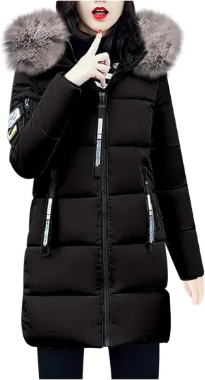 Womens Winter Thick Puffer Jacket Furry Collar Hoodie Outerwear Zipper Pocket Long Coats Warm Cotton Down Jackets