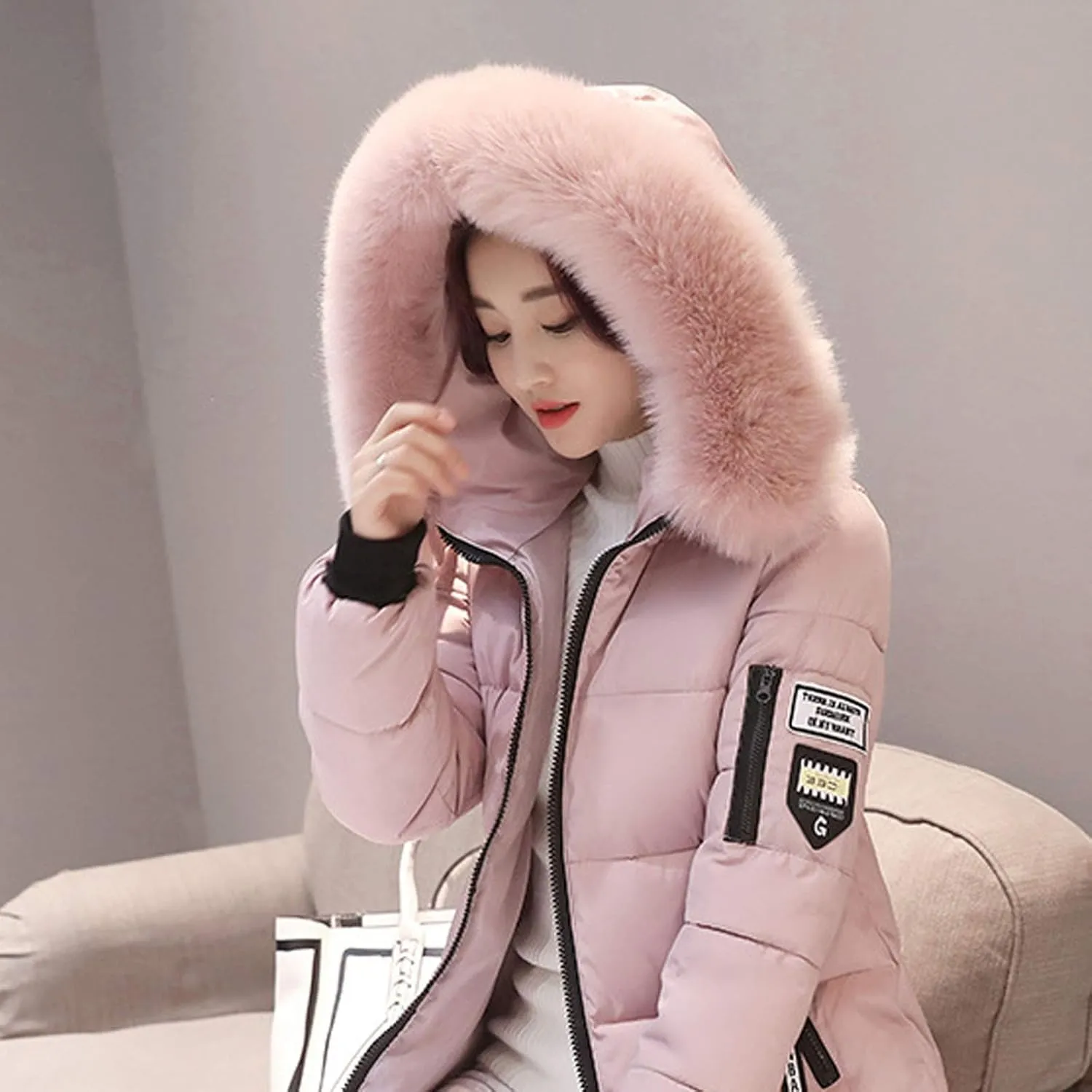 Womens Winter Thick Puffer Jacket Furry Collar Hoodie Outerwear Zipper Pocket Long Coats Warm Cotton Down Jackets