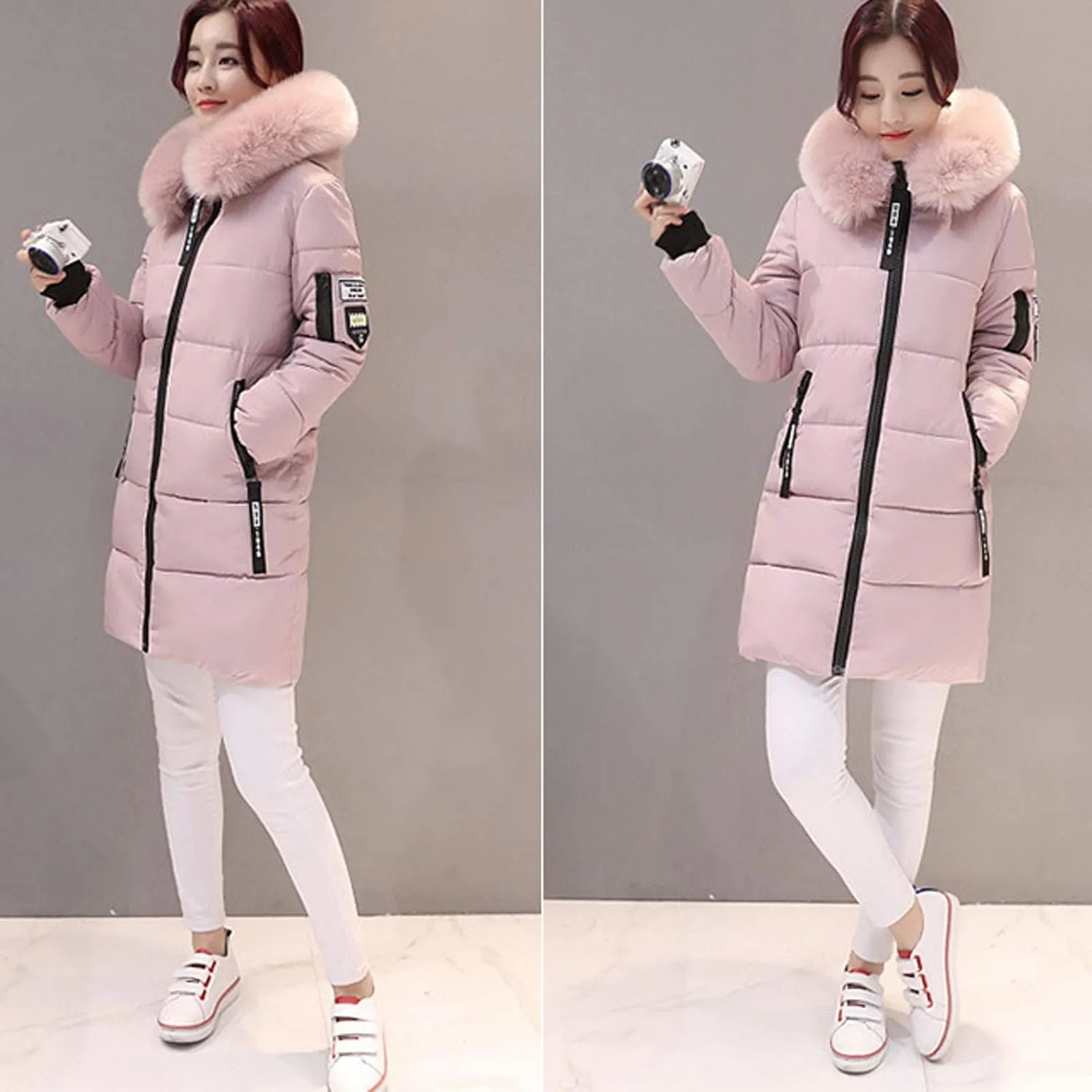 Womens Winter Thick Puffer Jacket Furry Collar Hoodie Outerwear Zipper Pocket Long Coats Warm Cotton Down Jackets