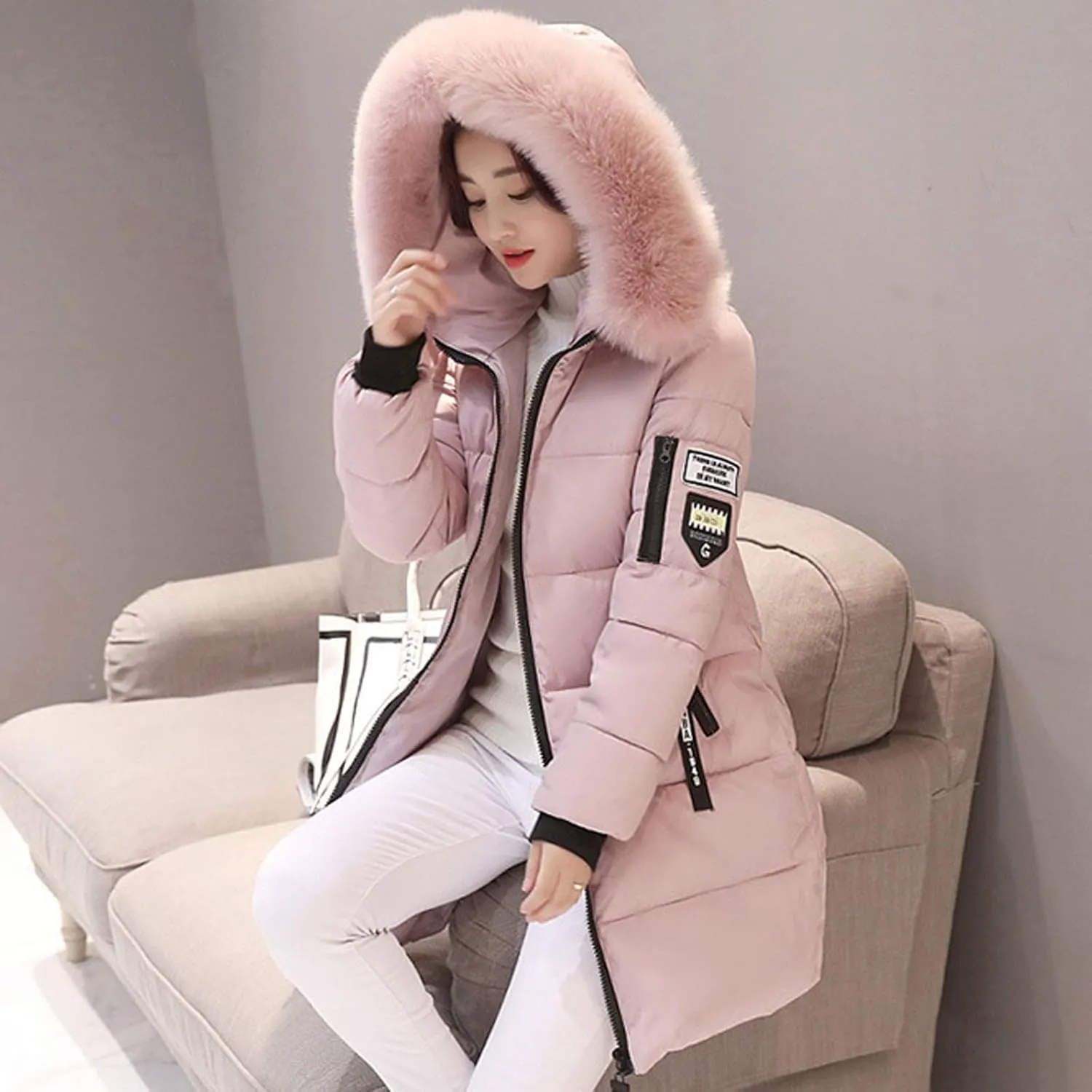 Womens Winter Thick Puffer Jacket Furry Collar Hoodie Outerwear Zipper Pocket Long Coats Warm Cotton Down Jackets
