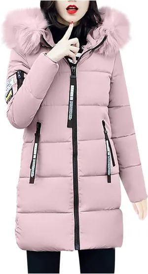 Womens Winter Thick Puffer Jacket Furry Collar Hoodie Outerwear Zipper Pocket Long Coats Warm Cotton Down Jackets