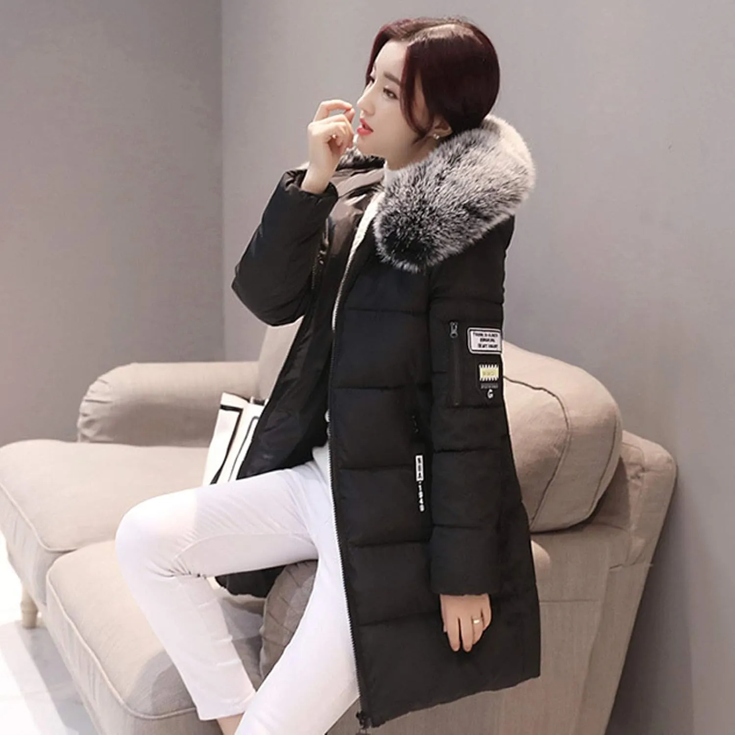 Womens Winter Thick Puffer Jacket Furry Collar Hoodie Outerwear Zipper Pocket Long Coats Warm Cotton Down Jackets