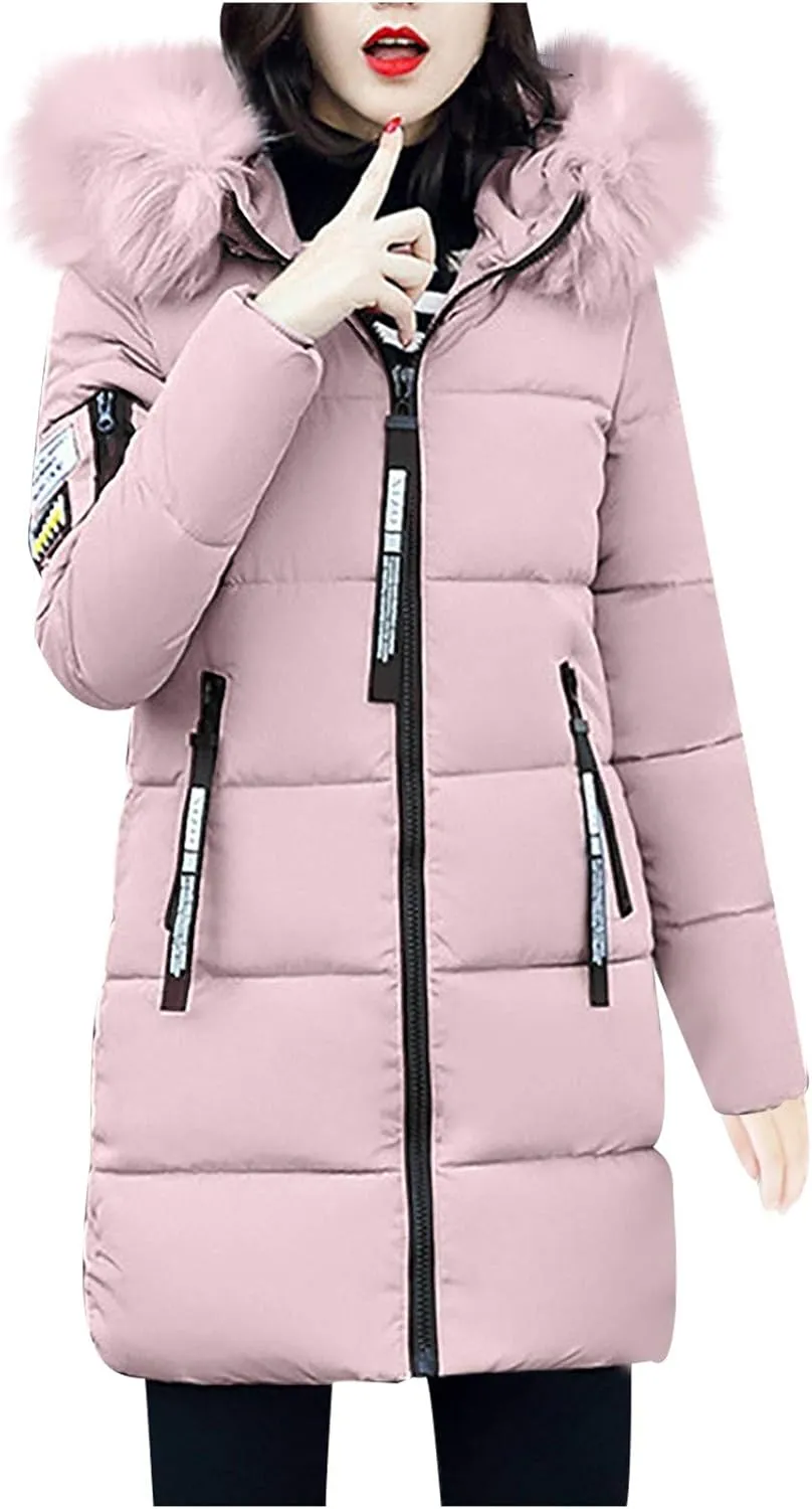 Womens Winter Thick Puffer Jacket Furry Collar Hoodie Outerwear Zipper Pocket Long Coats Warm Cotton Down Jackets